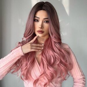 new fashion pink long curly hair wig new